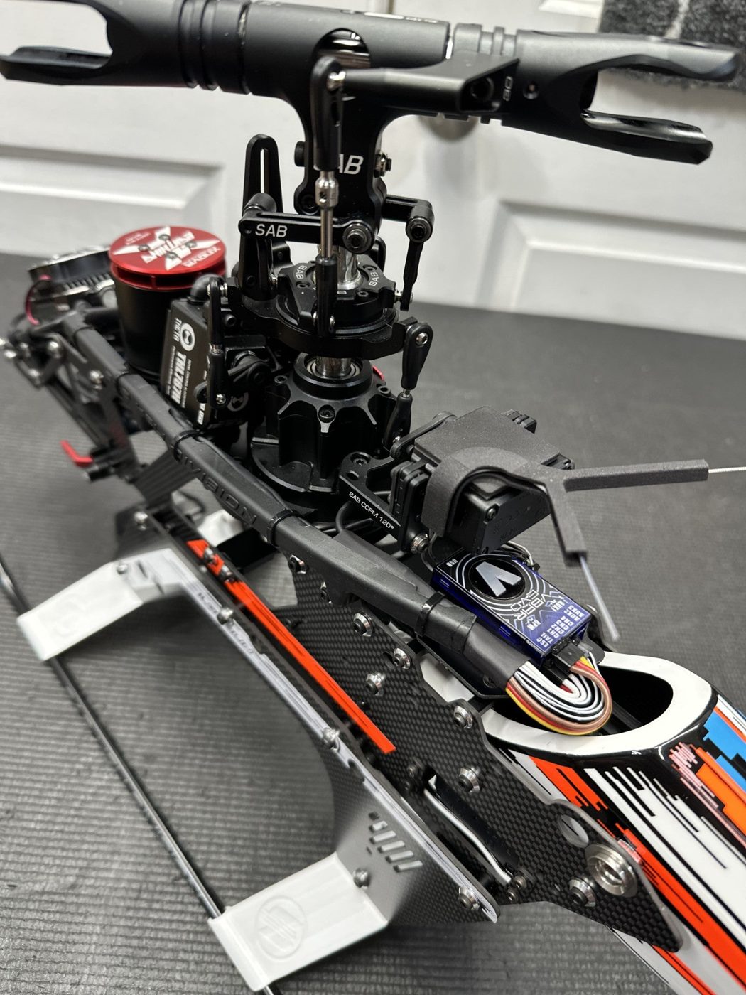 Close-up of a helicopter frame mid-build