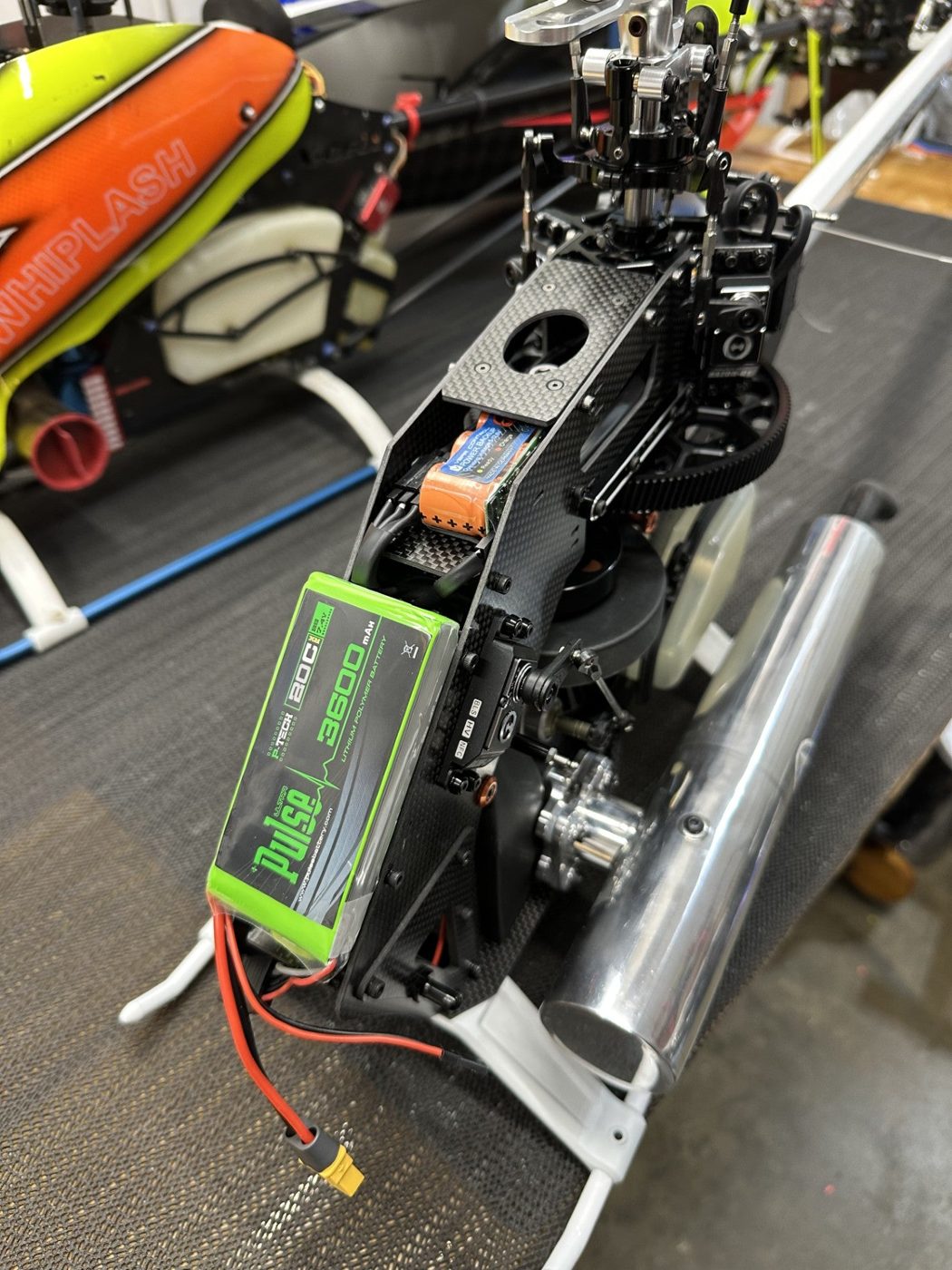Helicopter frame with battery tray and electronics installed